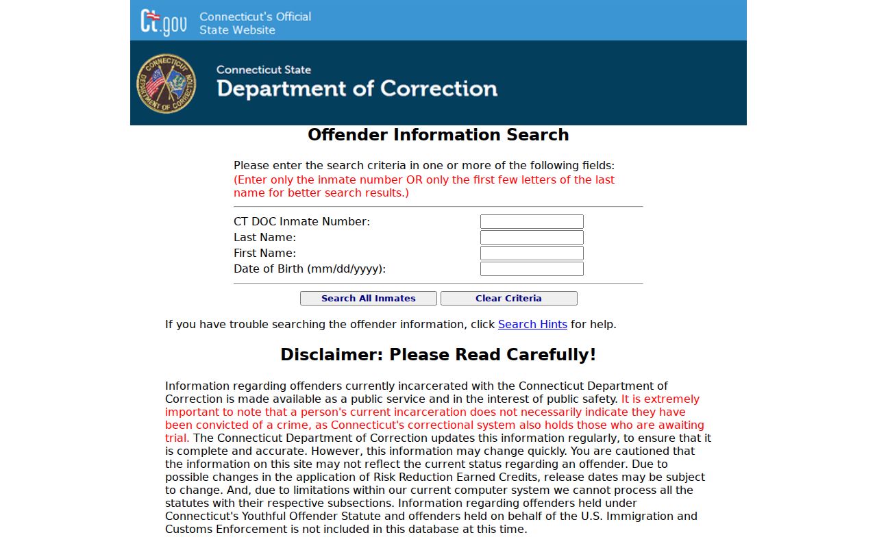 New Haven County arrest search DOC offender interface