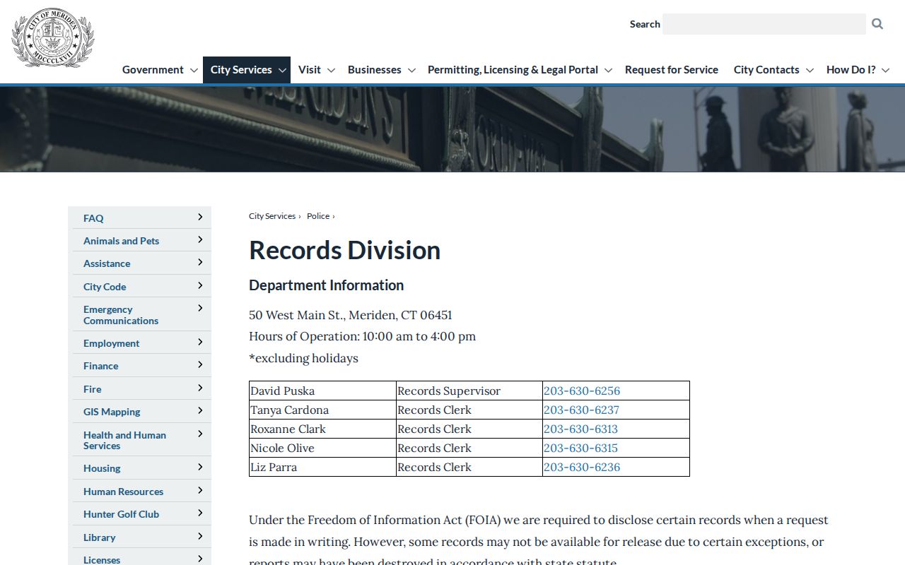 Meriden criminal records Police Records Division page