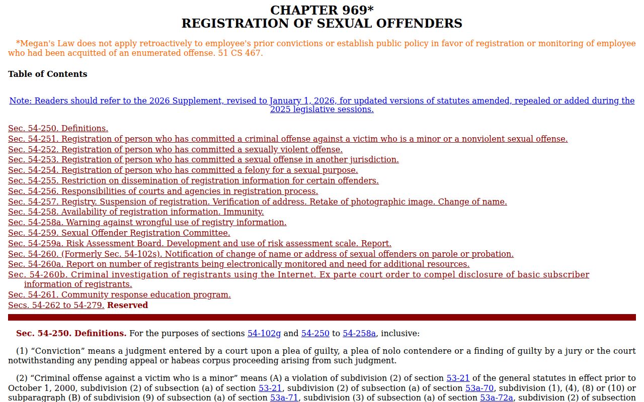 New Haven County sex offender lookup Connecticut registration statutes